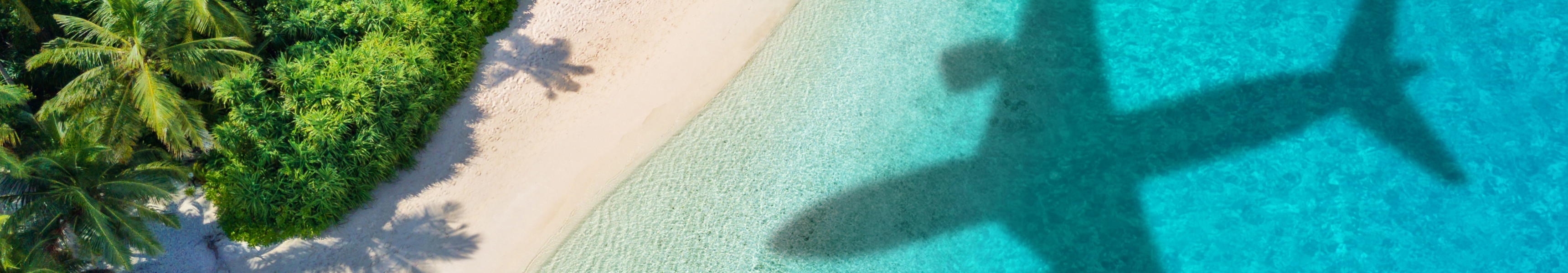 Luftaufnahme eines tropischen Strandes mit weißem Sand, grünen Palmen und kristallklarem türkisfarbenem Wasser, über das der Schatten eines Flugzeugs zieht.