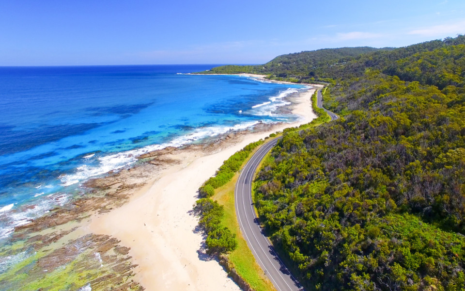 Straßenverlauf der Great Ocean Road zwischen bewaldetem Hang und felsiger Küste mit Blick auf den Ozean.