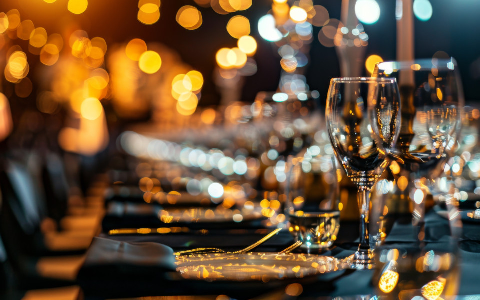 Elegantes Silvester-Dinner in einem festlich dekorierten Schlosshotel, mit edel gedeckter Tafel, funkelnden Gläsern und stimmungsvoller Beleuchtung.