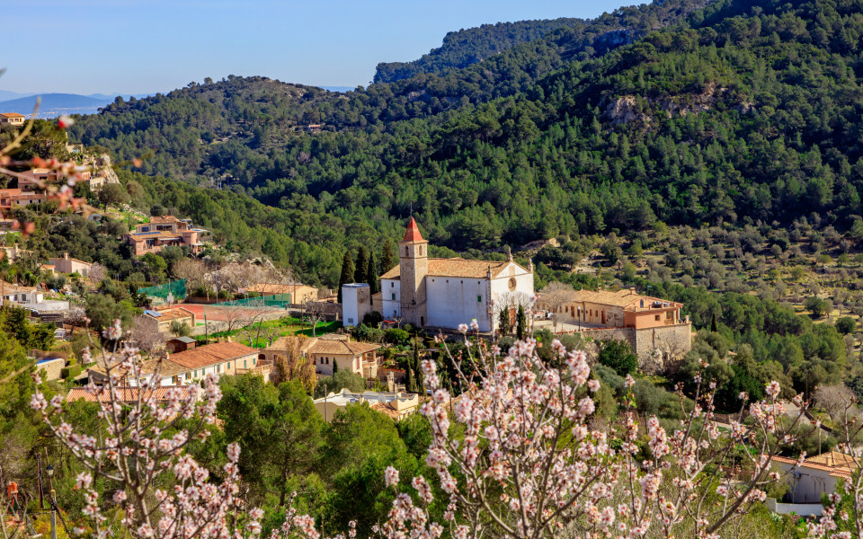 Kirche von Galilea im Frühling mit der Mandelblüte