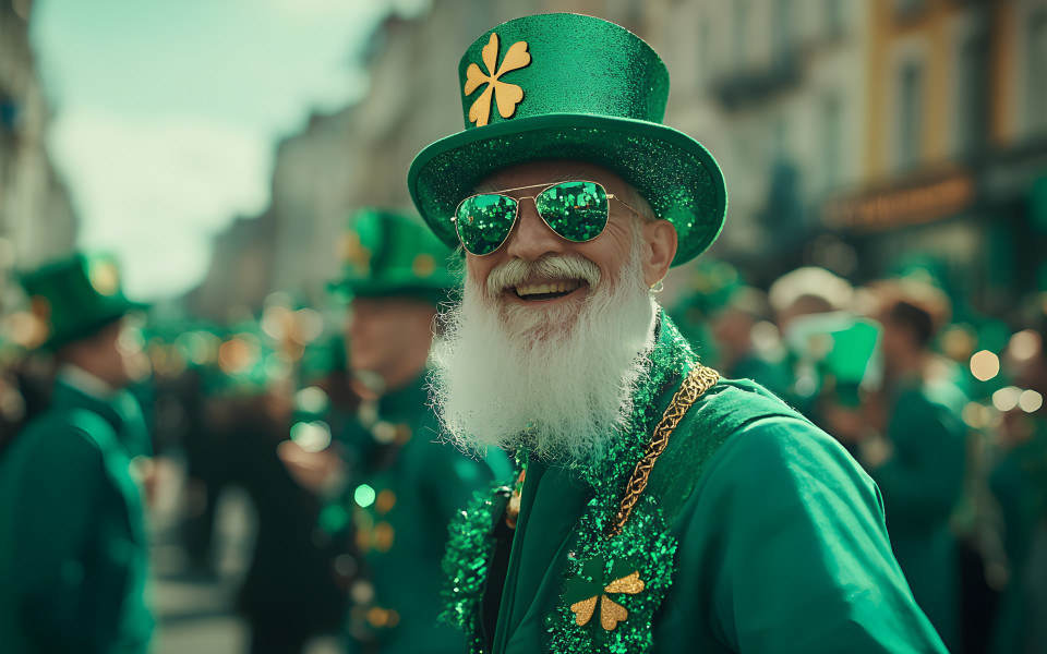 Lebendige Parade zum St. Patrick’s Day in Irland: Feier des Erbes mit grüner, weißer und goldener Pracht
