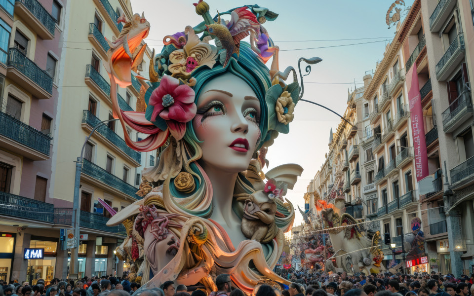  Figuren aus Pappmaché und Holz bei den Las Fallas in Valencia in Spanien