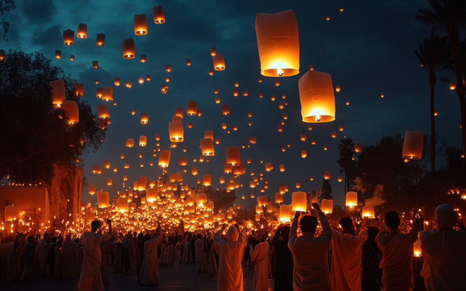 Am Vesak-Tag hält eine Gruppe von Menschen brennende Laternen in der Hand und lässt sie in die Luft fliegen.
